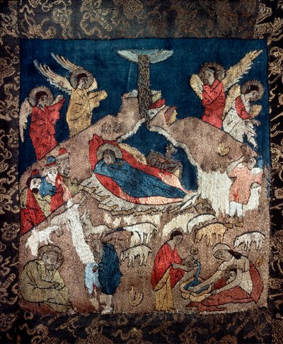 La nativite (Szopka) - Fragment całunu autorstwa rosyjskiego mistrza, wełna, jedwab oraz złote i srebrne nici autorstwa School Russian