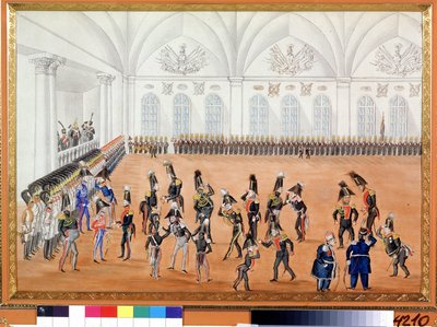 Parada Gwardii. Anonimowe malowanie. Akwarela na papierze, ok. 1820 r. Sztuka rosyjska, satyra. Muzeum Pamięci A. Puszkina, Sankt Petersburg. autorstwa School Russian