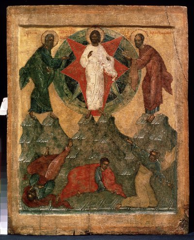 „Przemienienie Jezusa” Chrystus ubrany na biało otoczony jest przez Mojżesza i Eliasza, poniżej apostołów Jana, Piotra i Jakuba. Ikona rosyjska. Malarstwo na drewnie z początku XVI wieku. Regionalne Muzeum Sztuki, Archangielsk autorstwa School Russian