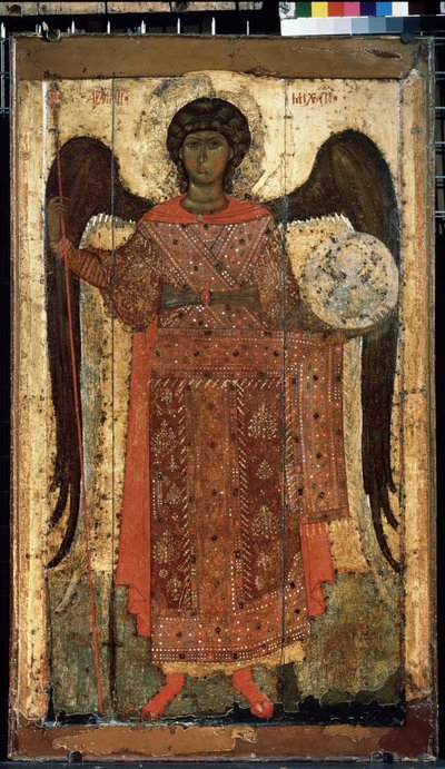 Ikona rosyjska "Archanioł Święty Michał". Malowanie na drewnie. Około 1300. Państwowa Galeria Trietiakowska, Moskwa autorstwa School Russian