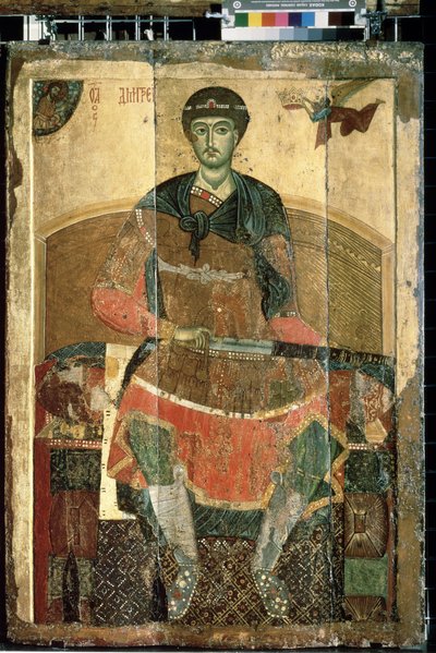 „„Chrześcijański męczennik św. Demetriusz z Tesaloniki na tronie”” Rosyjska ikona. Malarstwo na drewnie z początku XIII wieku Państwowa Galeria Trietiakowska, Moskwa autorstwa School Russian