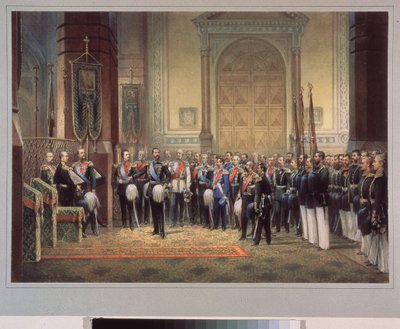 Przysięga wierności carewicza Mikołaja Aleksandrowicza Romanowa z Rosji (1843-1865) w kościele wojskowym. Praca rosyjskiego mistrza, akwarela na papierze autorstwa School Russian