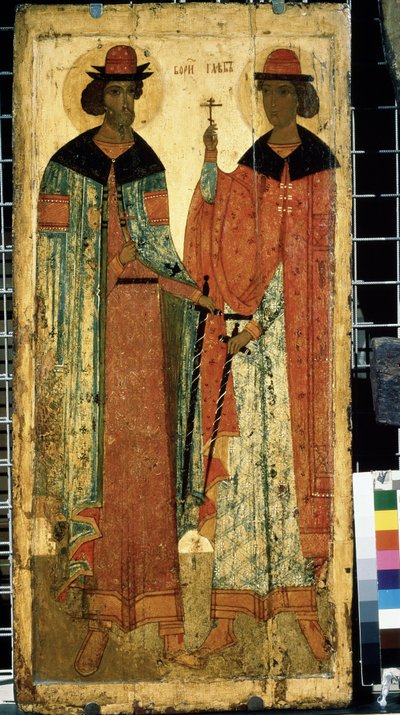 „Święci Borys i Gleb, synowie Włodzimierza I z Kijowa”” Ikona rosyjska. Malarstwo na drewnie około 1450 r. Państwowa Galeria Trietiakowska, Moskwa autorstwa School Russian
