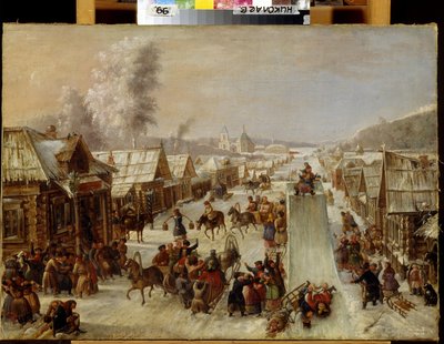 Mardi Gras (Ostatki). Scena tradycyjnych festynów i ludowych radości na zaśnieżonej ulicy małego miasteczka z drewnianymi domami. Wytyczono tor saneczkowy, a mieszkańcy piją i radośnie się witają. malarstwo anonimowe, autorstwa School Russian