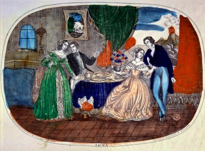 Mondanite: scena posiłków i uwodzenia między dwiema parami. Rosja. Grawer około 1850 r. Kolekcja prywatna autorstwa School Russian