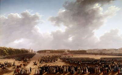 Parada na Polach Marsowych, na pierwszym planie Aleksander Puszkin (Puszkin) (1799-1837) i Mikołaj I (1796-1855) na koniu jadący dorożką przed imperatorem w Paryżu Malarstwo Szkoły Rosyjskiej. 1825-1830. Sankt Petersburg, Muzeum autorstwa School Russian