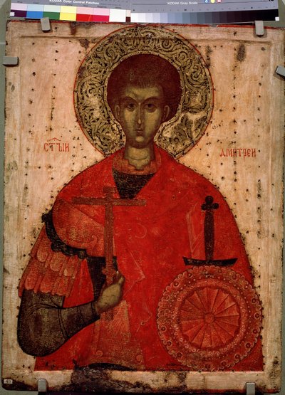 Portret św. Demetriusza z Tesaloniki, chrześcijańskiego męczennika z IV wieku. Ikona rosyjska z XV wieku. Tempera na drewnie. Sankt Petersburg, Państwowe Muzeum Rosyjskie autorstwa School Russian