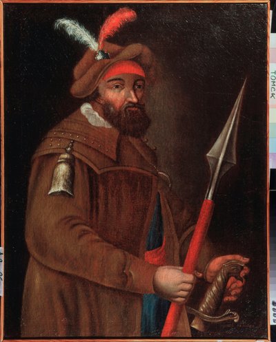 Portret przywódcy kozackiego Jermaka Tymofiejewicza (ur. 1532-1542-1585), zdobywcy Syberii. Malarstwo anonimowe, olej na płótnie, początek XVIII wieku. Państwowe Muzeum Sztuki, Tomsk (Rosja). autorstwa School Russian