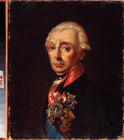 Portret marszałka generalissimusa księcia Aleksandra Suworowa (1729-1800). Obraz rosyjskiego mistrza, olej na płótnie, koniec XVIII wieku. Muzeum Sztuki Dalekiego Wschodu, Chabarowsk (Rosja). autorstwa School Russian
