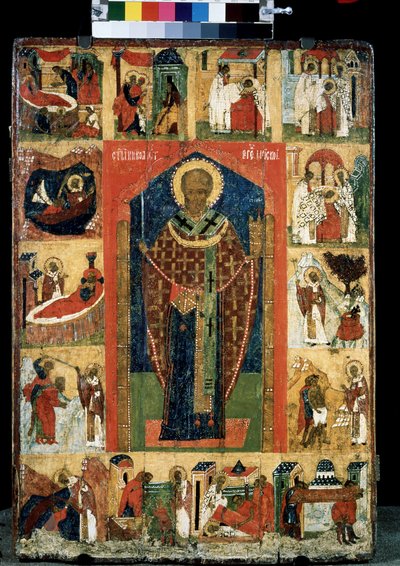 Ołtarz z życia św. Mikołaja z Myre lub Bari (270-345). Ikona rosyjska. Malarstwo na drewnie z końca XV wieku. Państwowa Galeria Tretiakowska, Moskwa autorstwa School Russian
