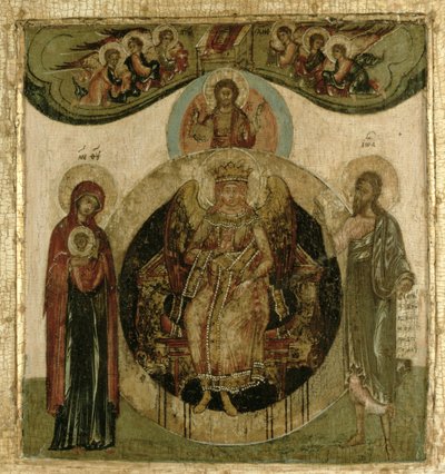 Rosyjska ikona Zofii, Świętej Mądrości, tronującej w postaci ognistego skrzydlatego anioła (panel) autorstwa School Russian