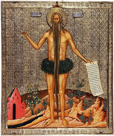 Święty Onufrego (św. Onufrego). Onuphre the pustelnik lub Wielki (IV wiek), mnich, a następnie pustelnik w Egipcie, tradycyjnie przedstawiany jest z długą brodą i gałęziami jako ubraniem. Praca anonimowa z Moskwy, tempera na drewnie, ok autorstwa School Russian