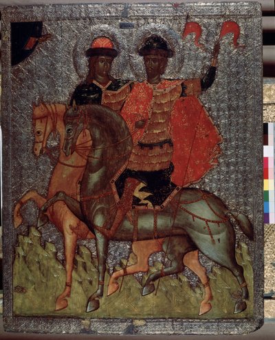 Święci Borys (lub Roman) i Gleb (lub Dawid) na koniu (męczennicy w 1015 r.) (Święci Borys i Gleb na koniu). Młodsi synowie świętego Włodzimierza, wielkiego księcia kijowskiego, zawsze wyróżniali się pobożnością, ale po śmierci ojca, najstarszego Swii autorstwa School Russian