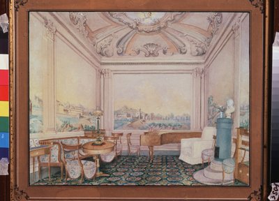 Sala recepcyjna w dworku. Praca rosyjskiego mistrza, akwarela na papierze autorstwa School Russian
