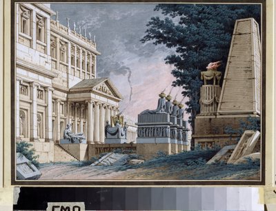 Temple, decor pour une piece de theatre (Temple. Stage design for a theatre Play). Peinture anonyme. Aquarelle et gouache sur papier, vers 1800. Decor de theatre russe. Museum Palace Theatre Ostankino, Moscou.   1320735   pl       polish Successfully Trans autorstwa School Russian