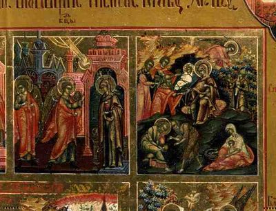 Zmartwychwstanie i zejście do piekła, fragment z Marginesu świąt przedstawiający Zwiastowanie i Narodzenia (tempera na panelu) autorstwa School Russian