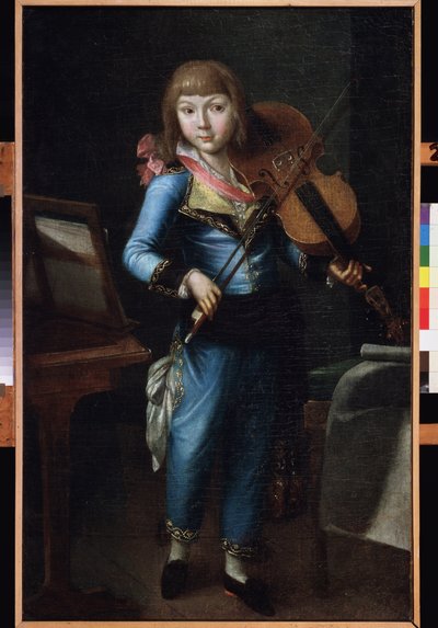 Młody skrzypek w niebieskim garniturze. Malarstwo rosyjskiego mistrza, olej na płótnie, ok. 1790. Sztuka rosyjska XVIII wieku. Muzeum Pałac Teatr Ostankino, Moskwa. autorstwa School Russian