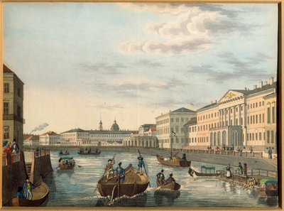 Widok na rzekę Fontanka w Sankt Petersburgu. Praca anonimowa, litografia, kolorowana akwarelą, ok. 1820 r. Sztuka rosyjska autorstwa School Russian