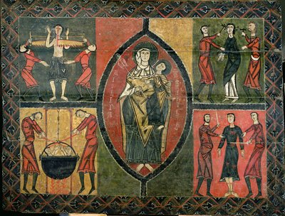 Ołtarz przedstawiający świętych Quirze i Julitę z czterema towarzyszącymi scenami męczeństwa świętych, kościół Sant Quirze i Santa Julita, Durro (tempera na panelu) autorstwa School Spanish