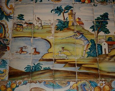 Płytki Azulejos przedstawiające myśliwego strzelającego do jelenia (ceramiczne) autorstwa School Spanish