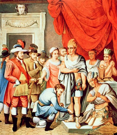 Hernan Cortes każe założyć kajdany na kostki Montezumy (kolor lito) autorstwa School Spanish