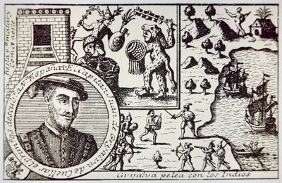 Hiszpanie pod wodzą Juana de Grijalvy lądują na Jukatanie i angażują wojowników Majów w bitwie pod Champoton, maj 1518 (litos) autorstwa School Spanish
