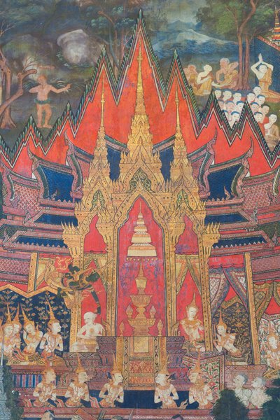 Malowidła ścienne w kaplicy Buddhaisawan przedstawiające Indrę zstępującego z niebios wkrótce po kremacji Buddy, wyrywającego najcenniejszą relikwię, ząb ukryty w koku bramina. autorstwa School Thai