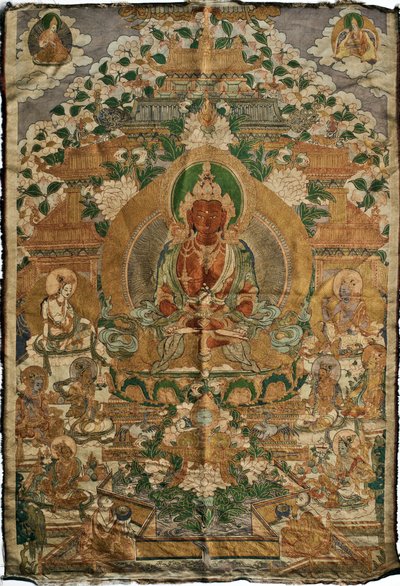 Amitabha (budda czystej ziemi) - Malarstwo tybetańskie, pigmenty i złoto na tkaninie, koniec XIX wieku, 74x51 cm - (Budda Amitayus Thangka, kultura tybetańska, Pigmenty i złoto na tkaninie, koniec XIX w.) - Kolekcja prywatna autorstwa School Tibetan