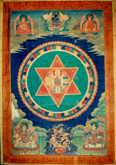 Mandala de vajravarami tańcząca bogini (w środku) jej nazwa oznacza „”adamantine laie”””. Tybet autorstwa School Tibetan
