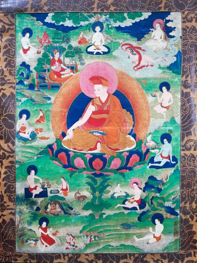 Lama Rjegrags Rtod Iha-pa-padbang Graps z aureolą i otoczony licznymi mahasiddhami (joginami), mieszkał w Indiach i Tybecie (VII-XI w.), Gwasz na płótnie autorstwa School Tibetan