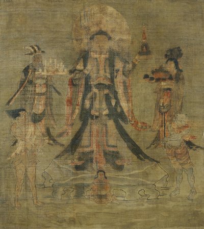 Kultura tybetańska: Vaisravana Bishamonten, Strażnik Północy. Tusz na jedwabiu, rozmiar: 62,5x53 autorstwa School Tibetan