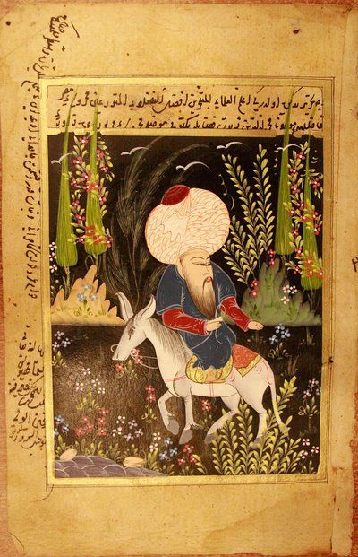 Nasr Eddin Hodja. (Nasreddin Hodja). Charakter literatury muzułmańskiej, mityczny ulema z Turcji, żyjący między XIII a XV wiekiem, jest opisywany zgodnie z tradycją, siedzący do góry nogami na swoim osiołku. Anonimowa miniatura, gwasz na pergaminie, san autorstwa School Turkish
