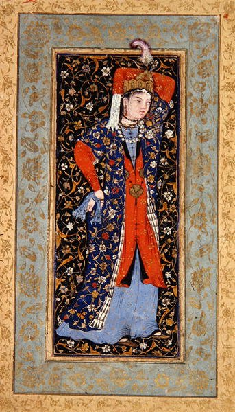 Tancerka z chusteczkami w każdej ręce, ok. 1560 (gwasz z atramentem i złotem na papierze) autorstwa School Uzbek
