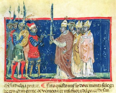 Codex Correr I 383 Papież Aleksander III (1105-81) wręcza miecz doży Sebastiano Ziani (pergamin) autorstwa School Venetian
