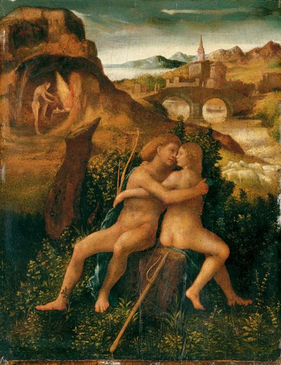Wenus i Mars w krajobrazie rzecznym z Wulkanem pracującym w jego kuźni, ok. 1500 (olej na panelu) autorstwa School Venetian
