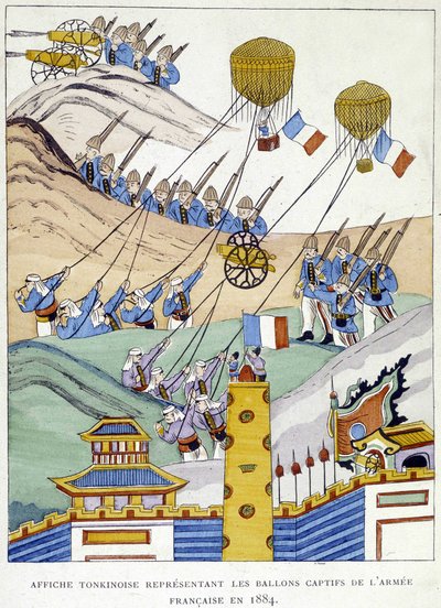 Plakat tonkijski przedstawiający balony w niewoli armii francuskiej w 1884 roku. autorstwa School Vietnamese