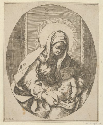Dziewica trzymająca Dzieciątko Chrystus na kolanach, kompozycja owalna, wg Reni, 1620-50., 1620-50. autorstwa School of Guido Reni