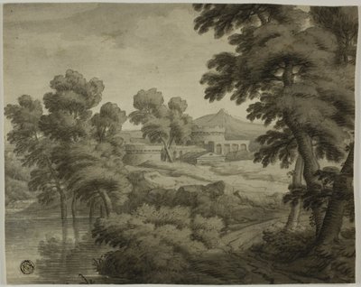 Włoski krajobraz z zamkiem, drzewami i wodą na pierwszym planie autorstwa School of Nicolas Poussin