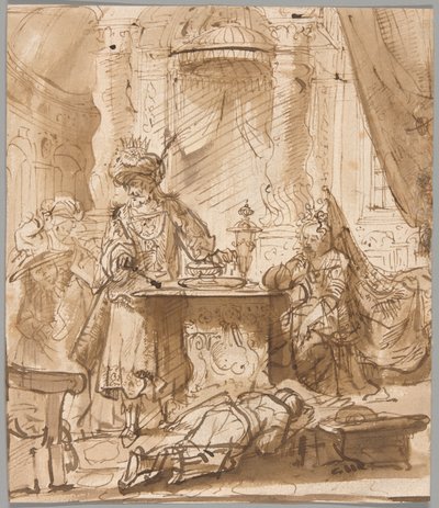 Degradacja Hamana przed Aswerusem i Esterą autorstwa School of Rembrandt van Rijn