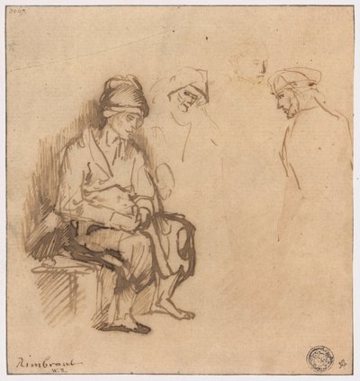 Kobieta siedząca na ławce i trzy szkice głów autorstwa School of Rembrandt van Rijn