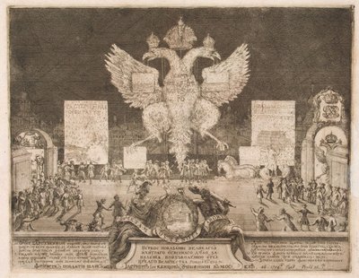 Fajerwerki w Moskwie 1 stycznia 1704 r. z okazji zdobycia szwedzkiej twierdzy Nyenskans, 1705 r. autorstwa Schoonebeek