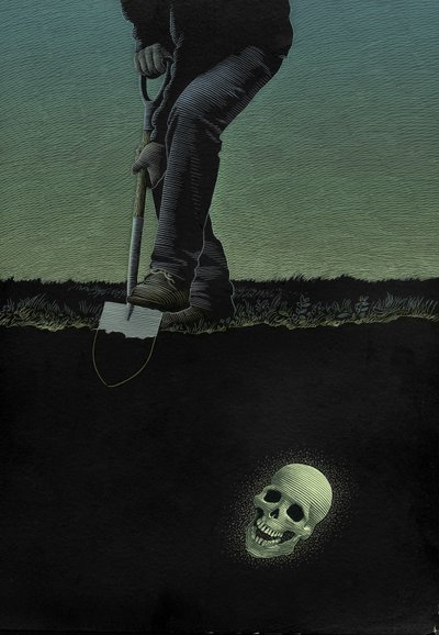 Czaszka w Connemara, 2001 (scratchboard, pokolorowany cyfrowo) autorstwa Scott McKowen