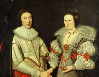 Portret grupowy dżentelmena, do połowy długości, w białym dublecie i kryzie oraz jego żony w biało-zielonej sukience, kołnierzyku w kształcie wachlarza i złotym naszyjniku, autorstwa Scottish School