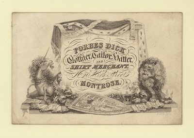 Reklama dla Forbes Dicka, odzieżowego; krawiec, kapelusznik i handlarz koszulami, Montrose, Forfarshire, Szkocja (grafika) autorstwa Scottish School