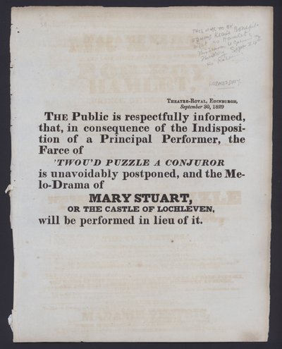 Zawiadomienie o zmianie wystawianego spektaklu w Theatre Royal, Edynburg, 30 września 1829 (lito) autorstwa Scottish School