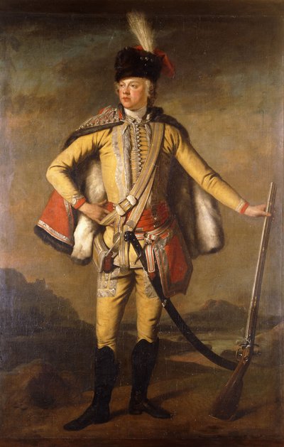 Portret Johna Lindsaya, 20. hrabiego Crawford i Lindsay, pełnej długości, w mundurze husarskim, trzymającego muszkiet skałkowy, krajobraz dalej, ok. 1745 autorstwa Scottish School