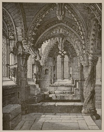 Południowo-wschodni narożnik Lady Chapel, Rosslyn (zdjęcie w sepii) autorstwa Scottish School