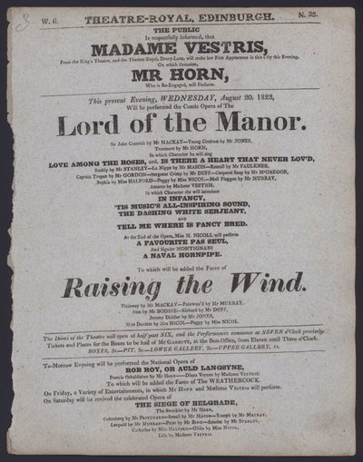 Program teatralny dla Theatre Royal, Edynburg, 20 sierpnia 1823 (lito) autorstwa Scottish School