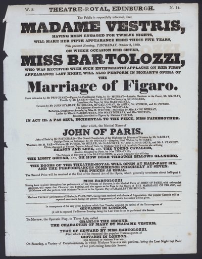 Program teatralny dla Theatre Royal, Edynburg, 8 października 1829 (lito) autorstwa Scottish School