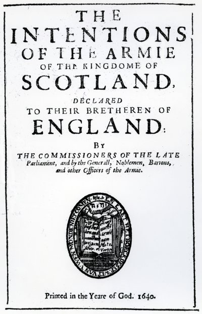 Strona tytułowa Aleksandra Hendersona „Intencje Armii Królestwa Szkocji”, opublikowana w 1640 r. (papier drukowany) autorstwa Scottish School